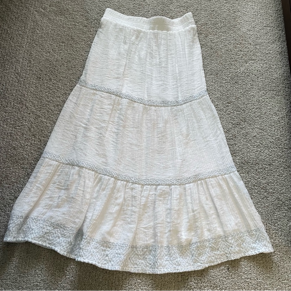White linen maxi skirt small with light blue stitching